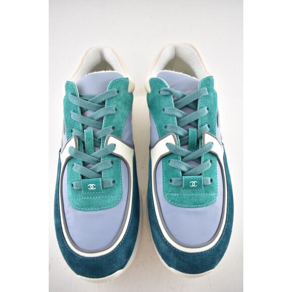 Chanel 19K Mens Green Grey Teal Blue White CC Logo Low Top Trainer Sneaker 44 11 - Picture 6 of 12